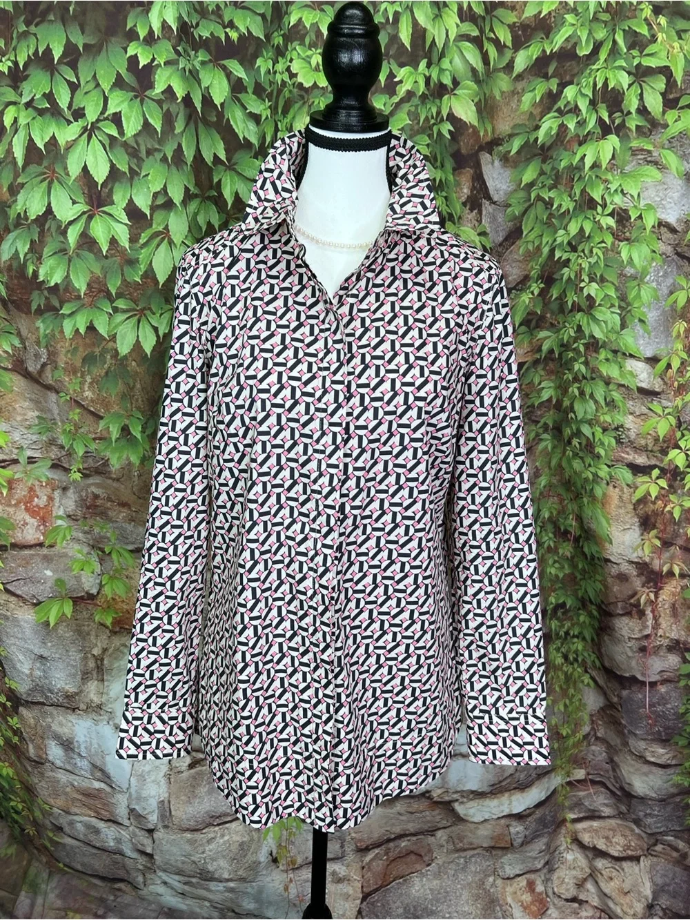 TYLER BOE Navy, Pink, and Cream Preppy Covered Button Front Pleated Yoke Top, 8 - Picture 3 of 16